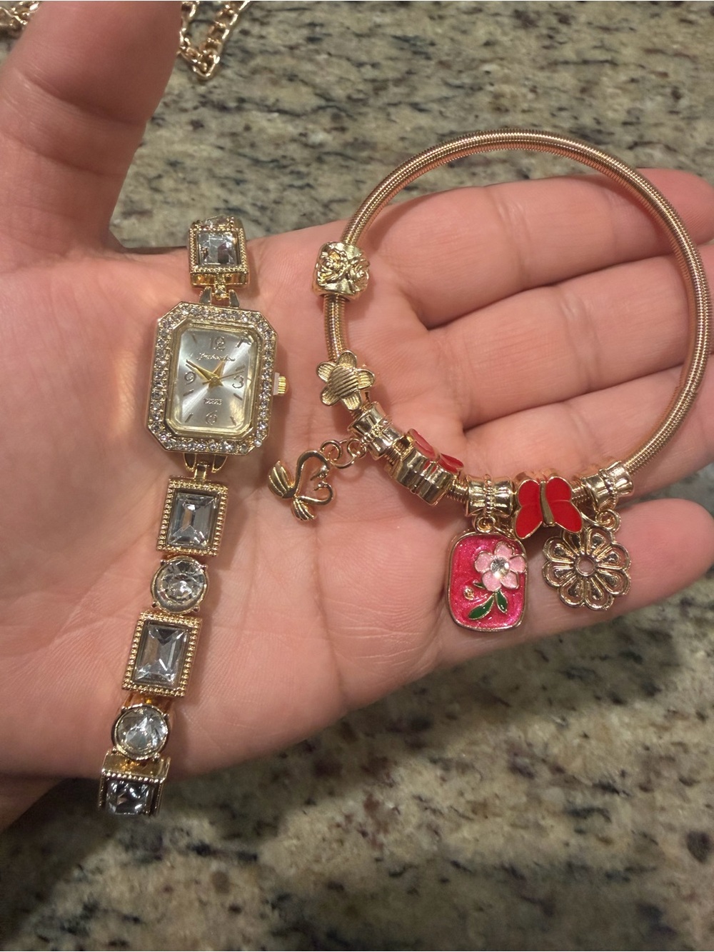 Gold-Tone Charm Bangle Bracelet with Pink Enamel Flower Charm